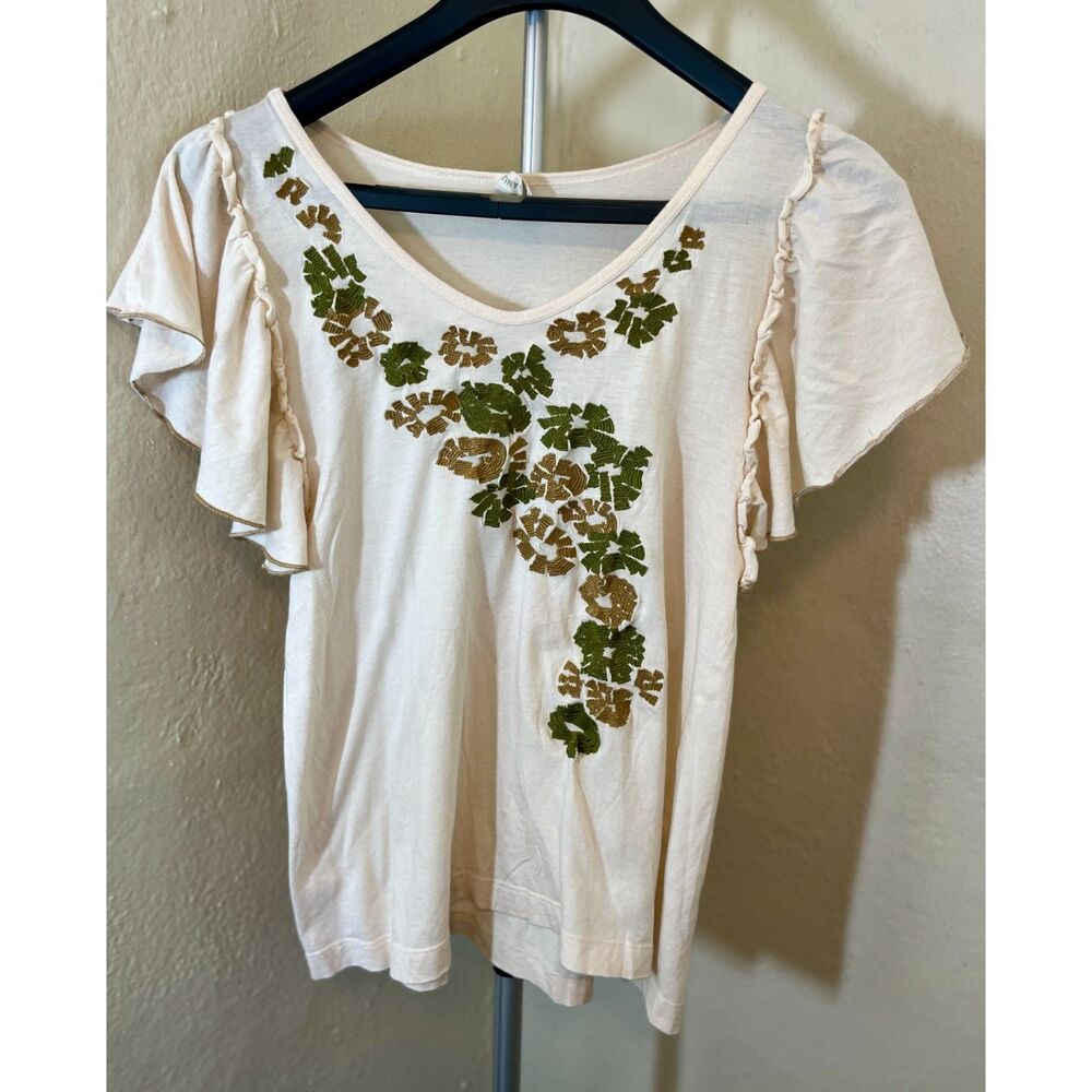 Anthropologie Tiny Embroidered Butterfly Sleeve Top - Ivory/Gold/Olive - M